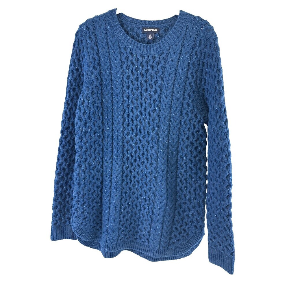 Lands End Pullover Sweater Tunic Cableknit‎ Blue Round Hem Cotton Wool Womens M